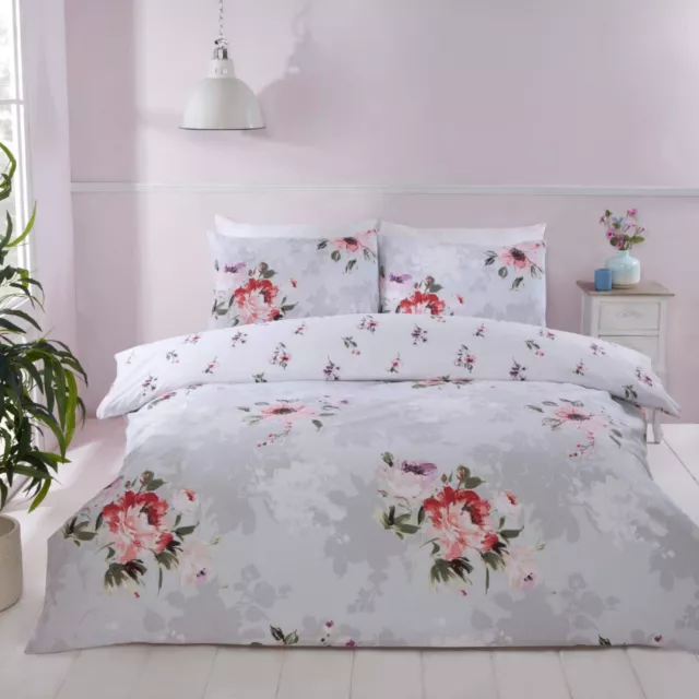 Grey Floral Duvet Covers Reversible Easy Care Quilt Cover Bedding Sets