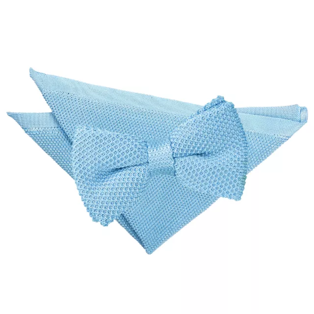 Baby Blue Mens Knit Knitted Plain Solid Pre-Tied Bow Tie Hanky Set by DQT