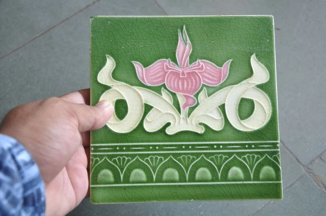 4 Pc Vintage Majolica Decorative Flower Art Nouveau Architecture Tiles,Japan 3