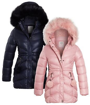 Girls Padded Parka Coat Age 13 5 7 8 9 11 12 14 Years Jacket Faux Fur Pink Navy