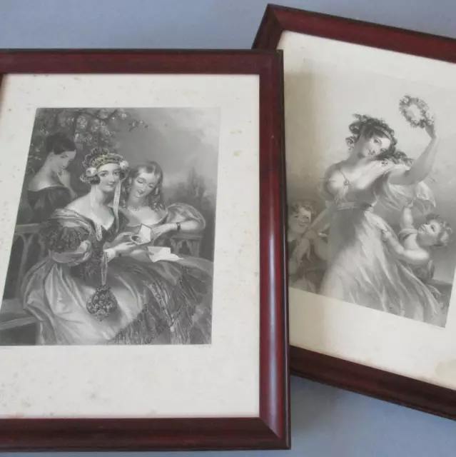 Pr Antique MAHOGANY Wood 12" Frames 19thC Engravings of LADIES * HOPE & LOVE