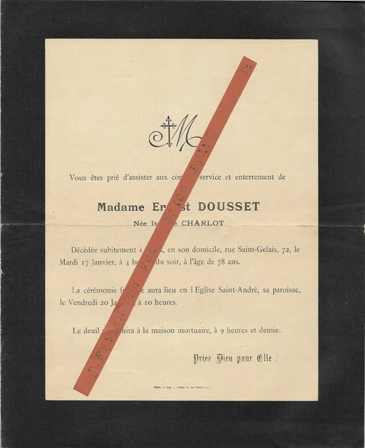FAIRE PART DECES + Mme Ernest DOUSSET née Isabelle CHARLOT + janv 1911 Niort