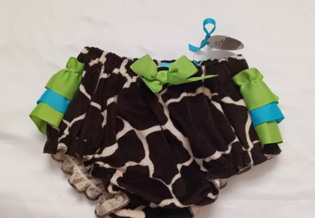 MUD PIE Ruffled Diaper Cover 12-18mo Brown Giraffe Print w/Green & Teal Bows NWT