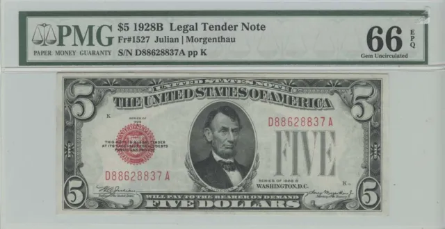 1928B $5 Legal Tender Note PMG Gem Unc EPQ