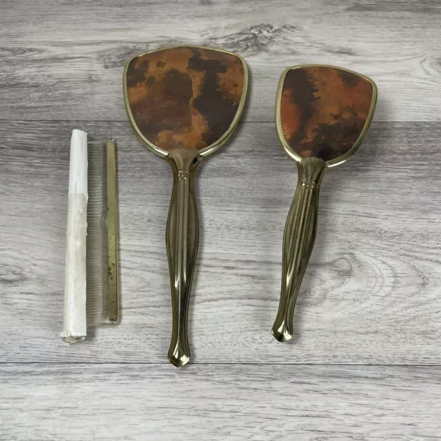 Vintage Vanity Set Hair Brush Comb Mirror Set Of 3 Gold Toned