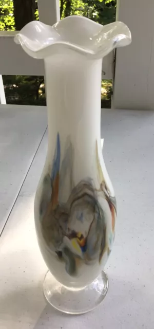 VTG Opaline Art Glass Vase Hand Blown Swirl Abstract Design White Murano 9” Tall