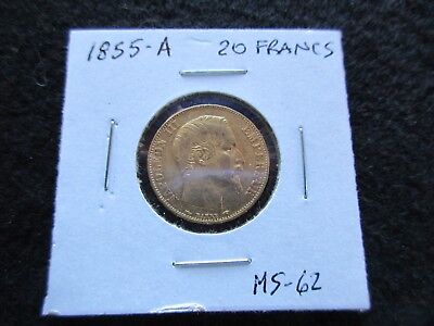 1855-A  20 Francs Gold Coin, France, Napoleon Iii,  Ungraded          #Day-02767
