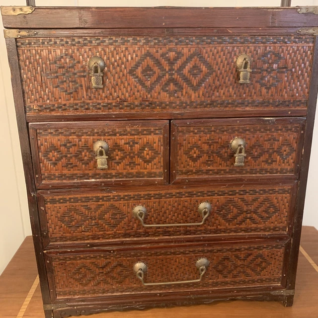 Antique Chinese Bamboo Carved Rosewood Wedding Basket Jewelry Sewing Game Chest