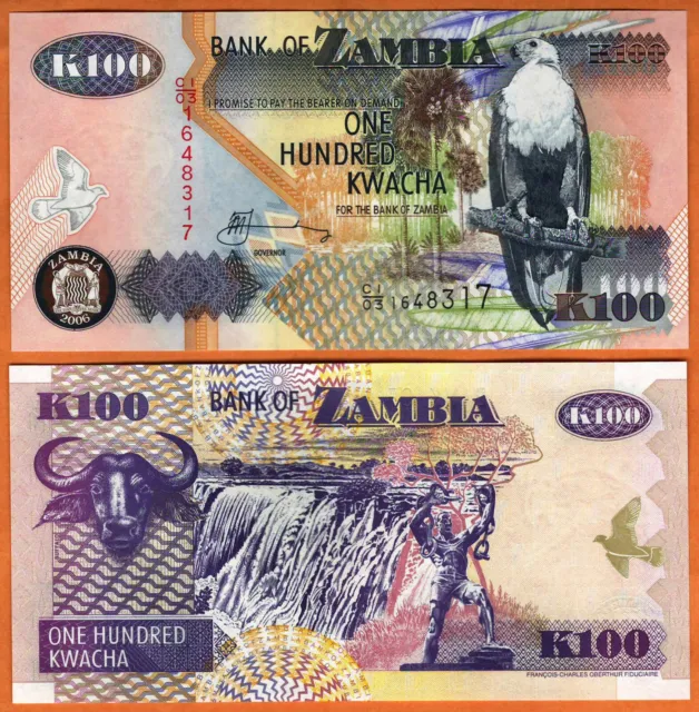 ZAMBIA 2006  UNC 100 Kwacha Banknote Paper Money Bill P- 38f