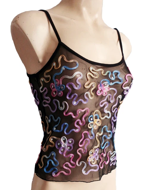 Donna T-Shirt Nero Con Nastro Ricamo Gilet Taglia UK 10/12 Nuovo