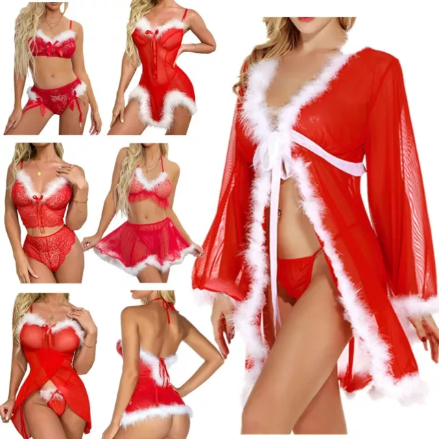 Women's Christmas Lingerie Set Santa Babydoll Lace Chemise Dress Outfit Bodysuit