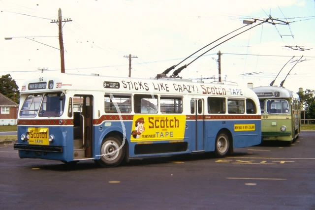 1970 Orig Slide Auckland NZ Trolley Bus May Road Depot Scotch Tape Advertising