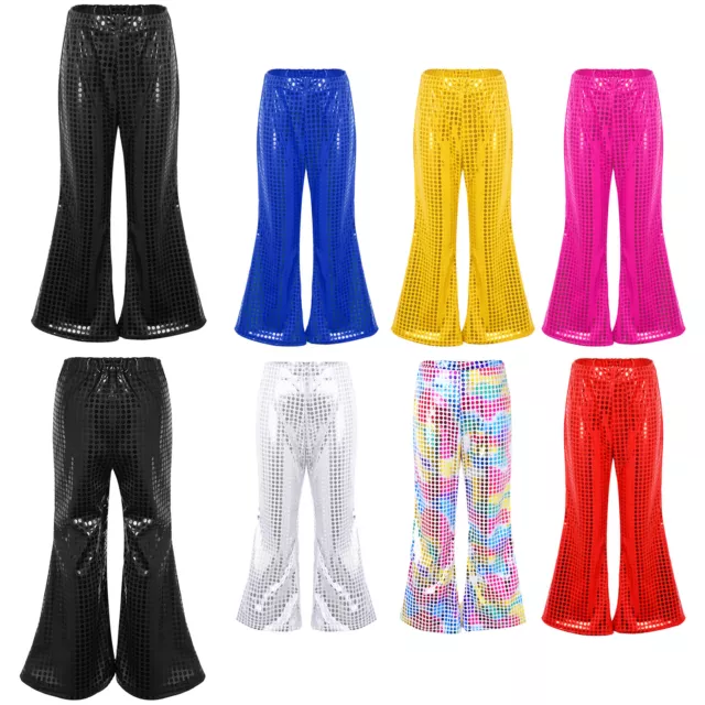 Girls Boys Shiny Sequin Jazz Hip-Hop Dance Pants Wide Leg Bell-Bottoms Trousers 2
