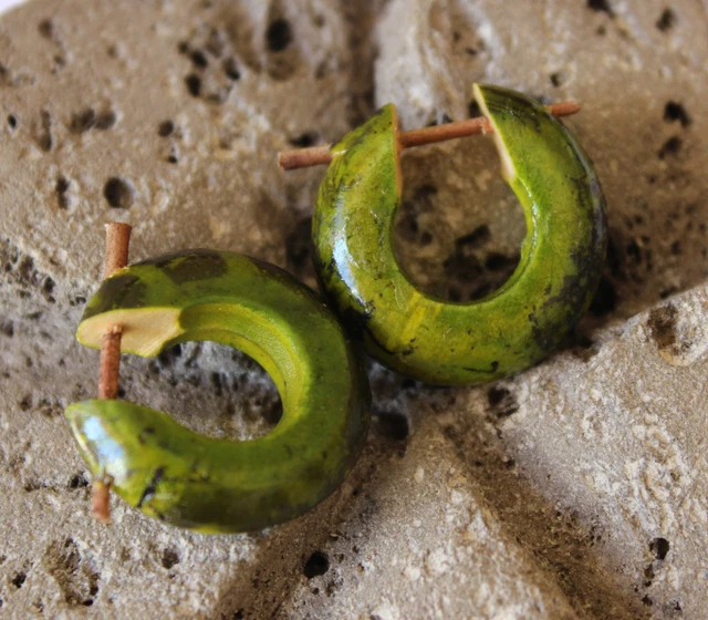 1 Pair Green Hoop Organic Wood Stick Earrings Metal Free