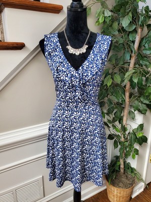 Fortune+Ivy Women's Blue Polyester V-Neck Sleeveless Knee Length Dress Size S