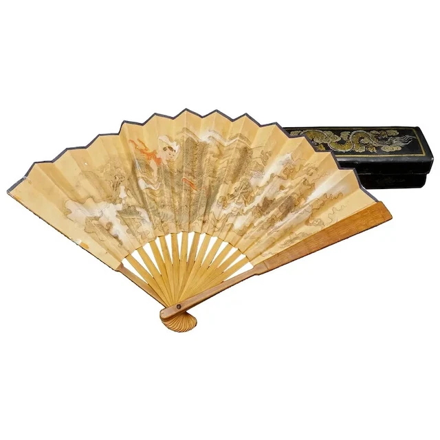 Antique 19th Hand-painted Chinese Fan with Leather Fan Box