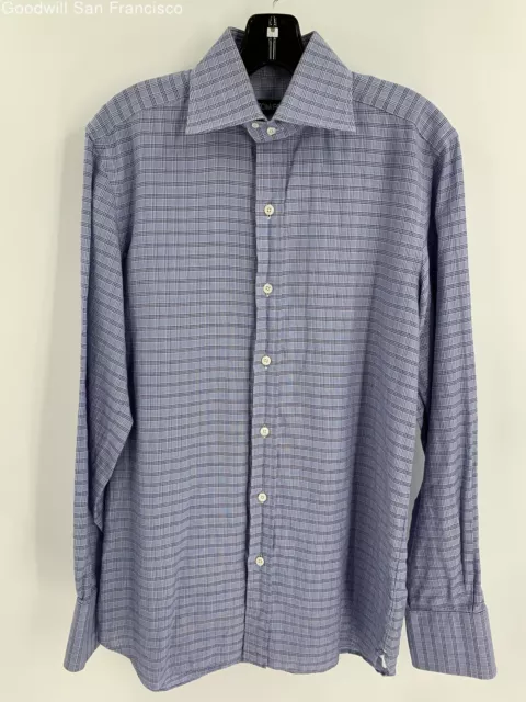 Tom Ford Mens Blue Plaid Cotton Long Sleeve Button Front Dress Shirt 15.5 COA