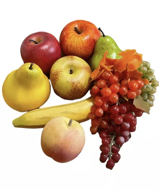 8 Vintage Faux Fruit Apple, Banana, Peach, Grapes￼ Pear Lot. Fruit For Basket.