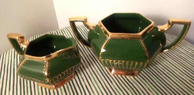 Vintage- Art Deco creamer set- green gold- Milk jug & sugar bowl- Beautiful-GC.