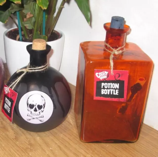 Set 4 Halloween Apothecary Amber Brown Glass Potion Poison Bottles w/Cork  Decor