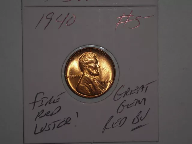 wheat penny 1940 GEM RED BU 1940-P LINCOLN CENT LOT #5 UNC FIRE RED LUSTER