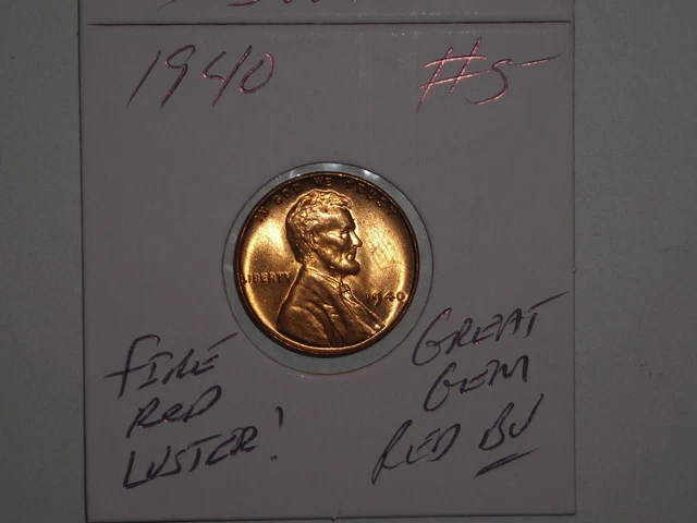 wheat penny 1940 GEM RED BU 1940-P LINCOLN CENT LOT #5 UNC FIRE RED LUSTER