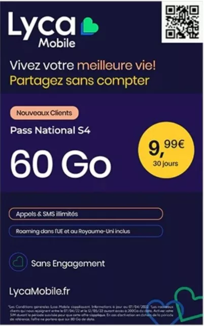 Carte SIM Lycamobile 60Go Internet - Triple Découpe Prépayée pour France