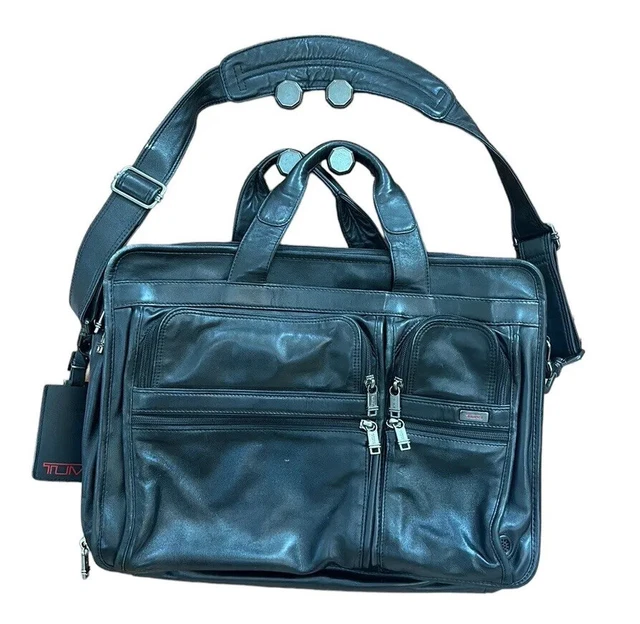 Tumi Alpha 3 Expandable Leather Organizer Laptop Briefcase Large 96041D4- Black
