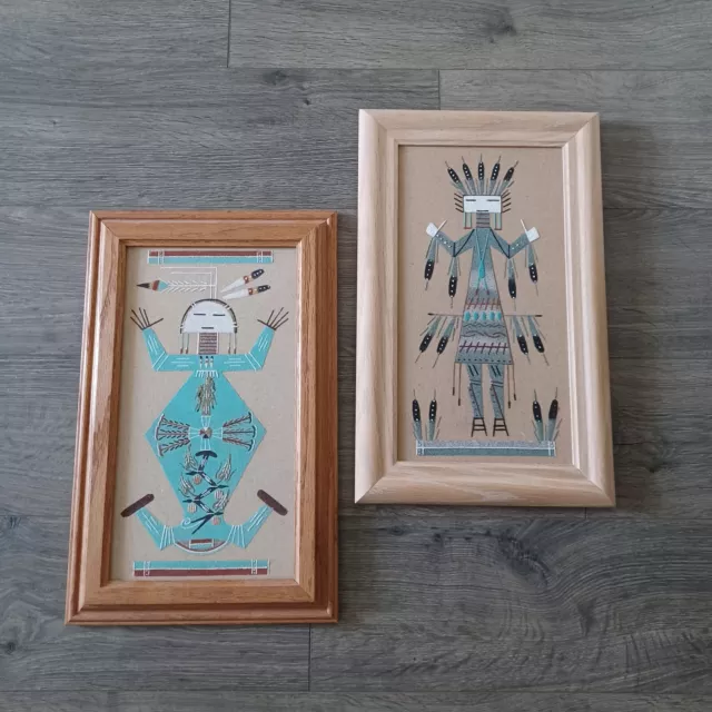 Vintage Pair of (Two) Framed NAVAJO Native American Art SAND PAINTINGS *Signed*