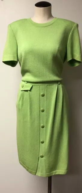 St John Collection Vntg Lime Green Santana Knit Short Sleeve Dress Pockets