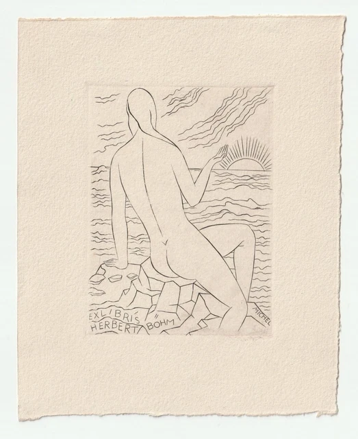 KARL MICHEL: Exlibris für Herbert Böhm, Akt am Meer