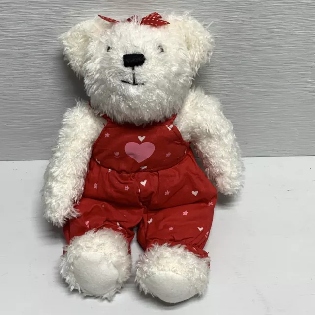 HALLMARK Teddy Bear Small White Plush Red Overalls with Hearts Valentines Day 8”