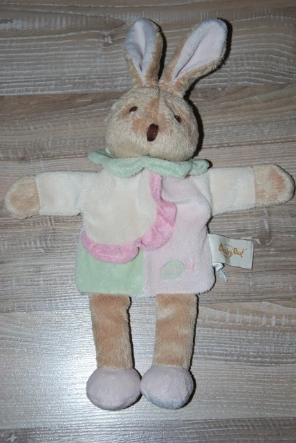 doudou marionnette lapin marron beige rose vert baby nat'