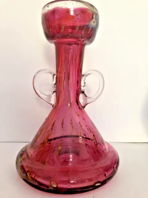 ANTIKE EISCH GLASVASE MUNDGEBLASEN - SELTENE PFAUENAUGEN ROSA- 60 Jahre- H 25 cm