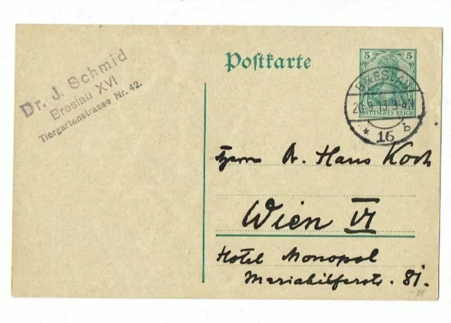 Postkarte Ganzsache 1913 gelaufen Breslau nach Wien, 5 Pf. Germania