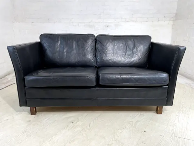 Eb4467  Vintage Danish Two Seat Black Leather Sofa, MCM, Retro, 1970s, M2SS