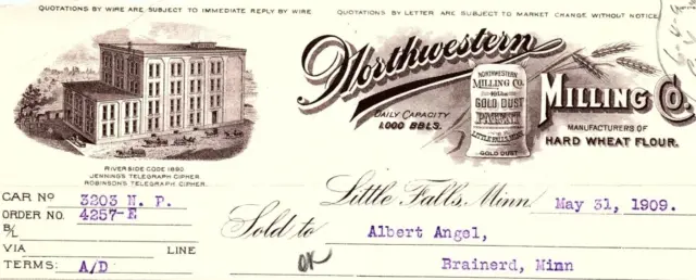 1909 Little Falls Minnesota Northwestern Milling Co Flour Billhead Invoice Z657