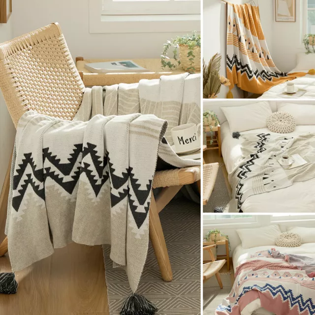 Luxury Chunky Knitted Throw Blanket Tassel Pom Pom Coush Cover Sofa Bed Blankets