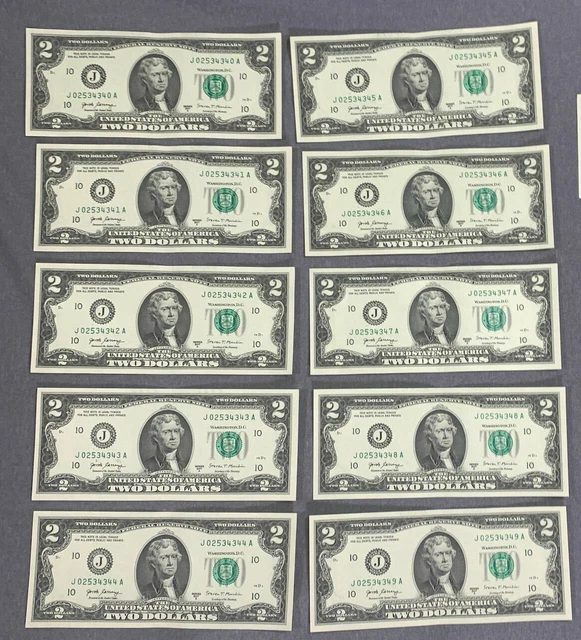 Ten Consecutive Serial Us Two Dollar Bills 2017 A