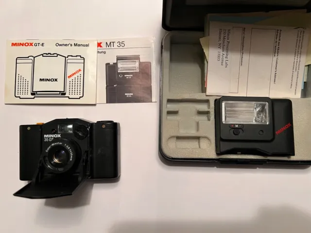 Minox 35 GT 35mm Film Camera  plus flash, case and original paperwork