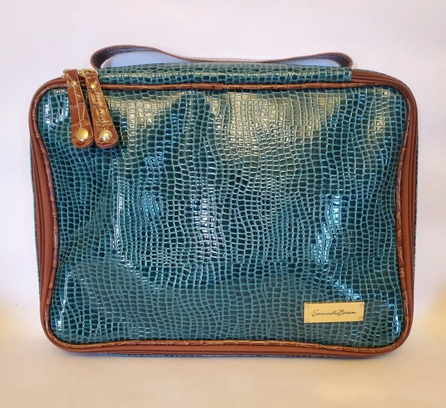 Samantha Brown Travel Make Up Organizer Green Croc & Brown Trim Handle 14" x 11"