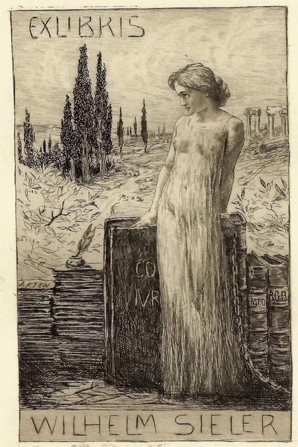 Bruno Héroux: Exlibris mit Remarquen / Weibl. Akt, transparentes Gewand, Antike Bruno Héroux: Exlibris mit Remarquen / Weibl. Akt, transparentes Gewand, Antike