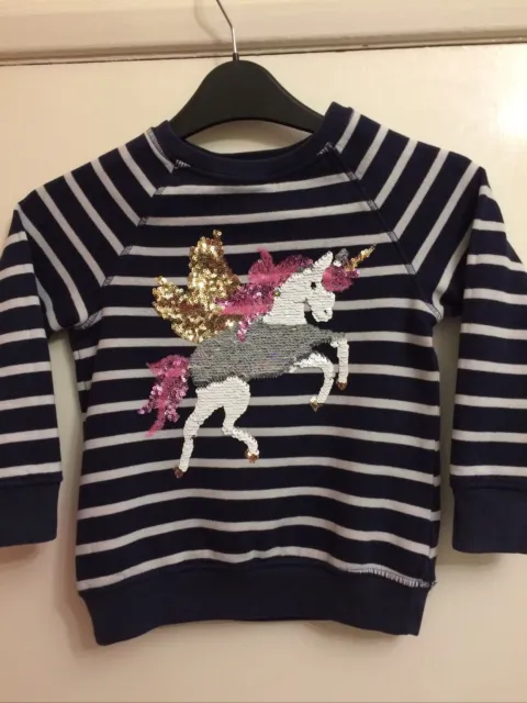 Girls Navy & White Striped Jumper By NEXT Age 5 With Sequined Unicorn Motif