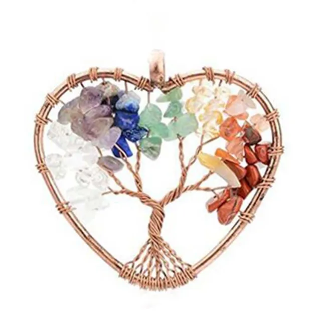 Natural Healing Crystal Quartz Chakra Round Tree of Life Stone Pendant Necklace