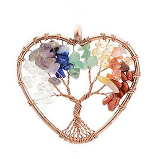 Natural Healing Crystal Quartz Chakra Round Tree of Life Stone Pendant Necklace