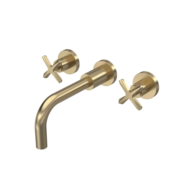 Nuie Aztec Wall Mounted 3 Tap Hole Basin Mixer Swivel Spout Brushed Brass Gold