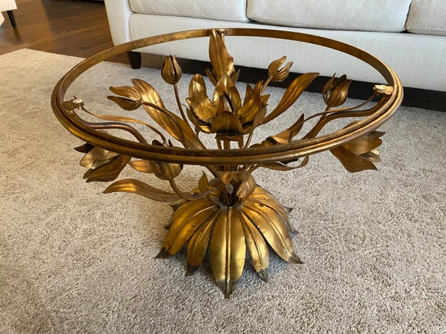 Vintage Italian Tole Gilt Metal Coffee/Cocktail Glass Top Table w Lotus Flowers