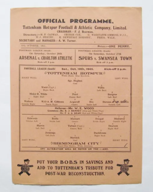 TOTTENHAM HOTSPUR v BIRMINGHAM CITY 1945/1946 *VG Cond Football Programme*