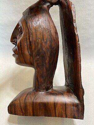 Vintage African Native Tribal Folk Art Hand Carved Ebony Wooden Woman Head, 16" 2