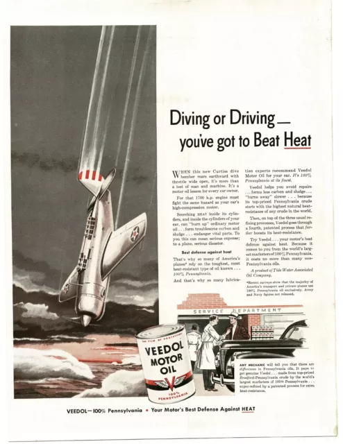 1941 Veedol Motor Oil Curtiss Helldiver dive bomber WWII art Vintage Print Ad